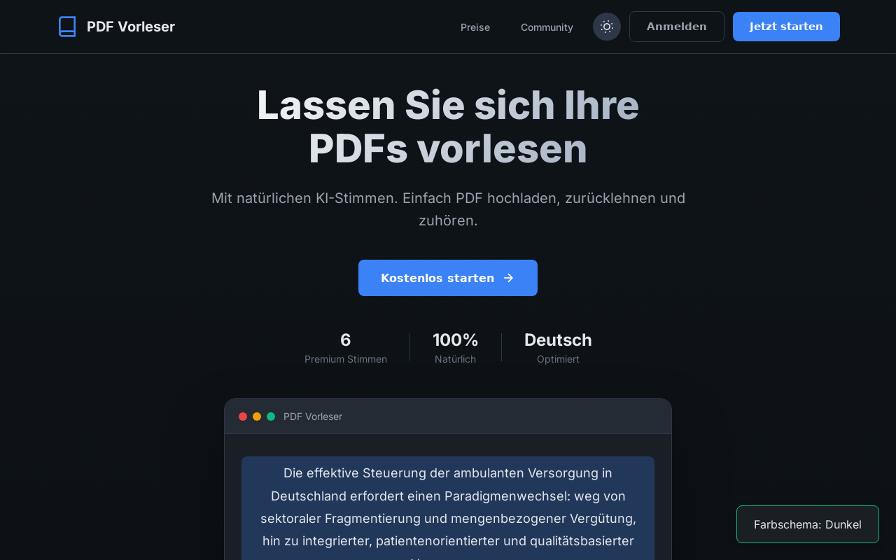 PDF Vorleser Web-App Echte Aufnahme - Dunkler Modus