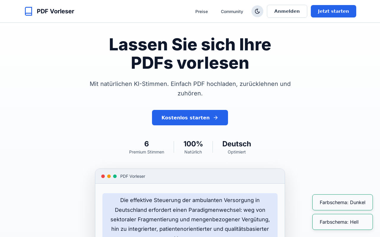 PDF Vorleser Web-App Echte Aufnahme - Heller Modus